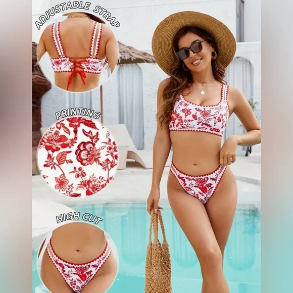 Floral Lace Up High Cut Thong Bikini Set - Picture 2 of 7
